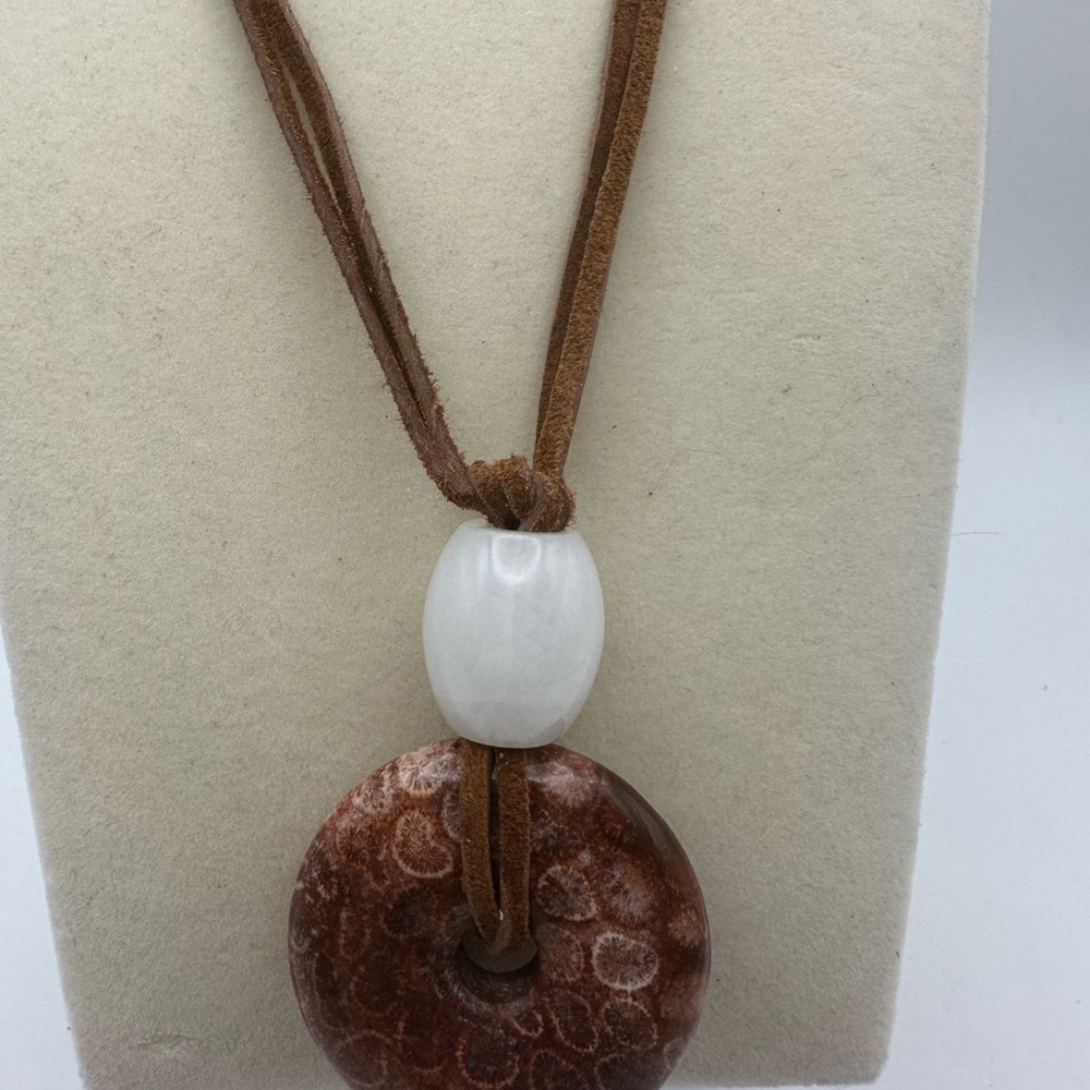 Coral Fossil Jade Donut Pendant Necklace - Picture 3 of 9